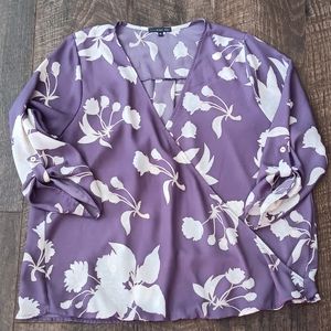 West Kei XL Blouse V Neck 3/4 Sleeve Purple Florak Print Womens Top